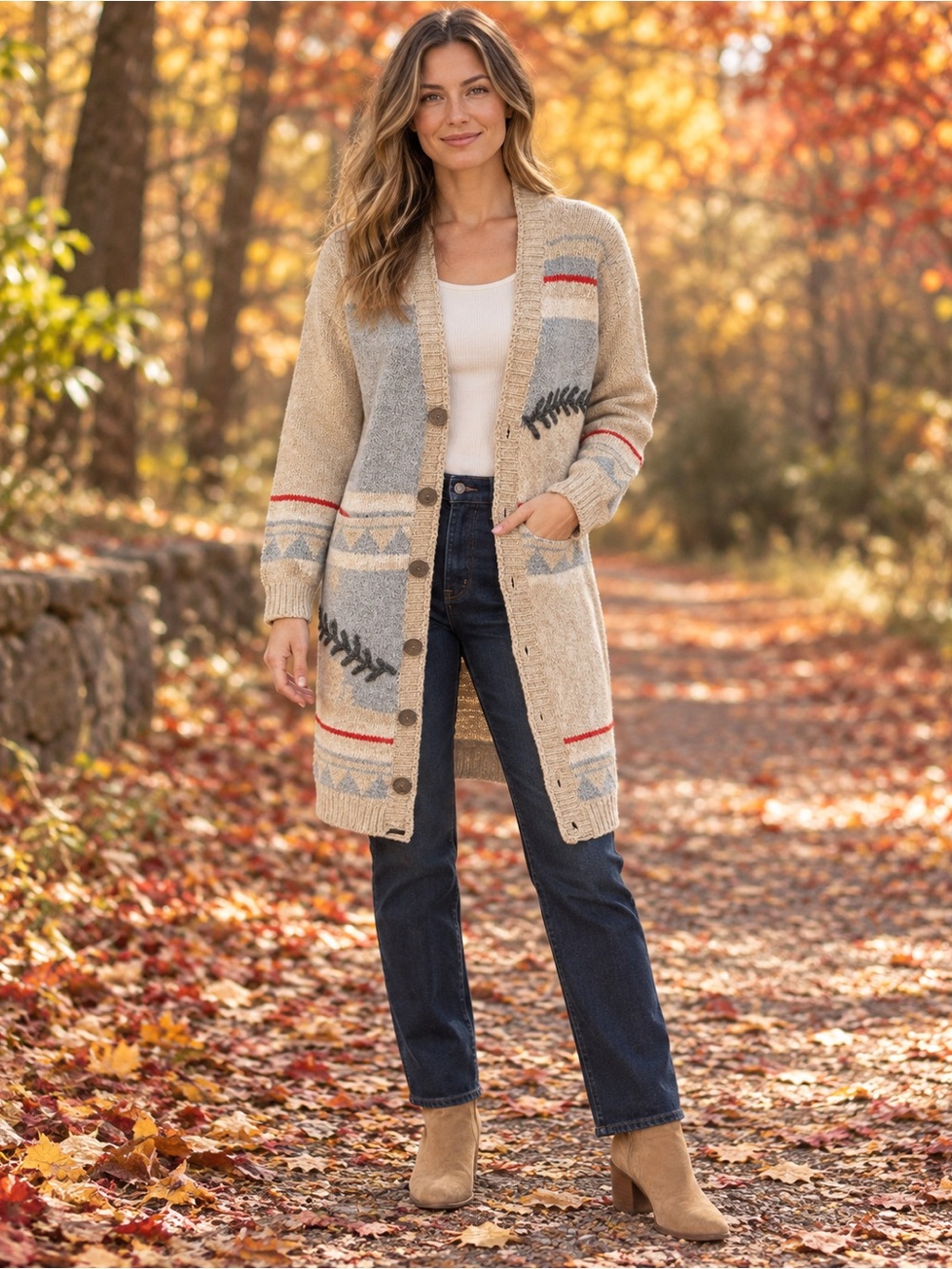 POL Beige & Gray Patterned Long Cardigan with Red Accents